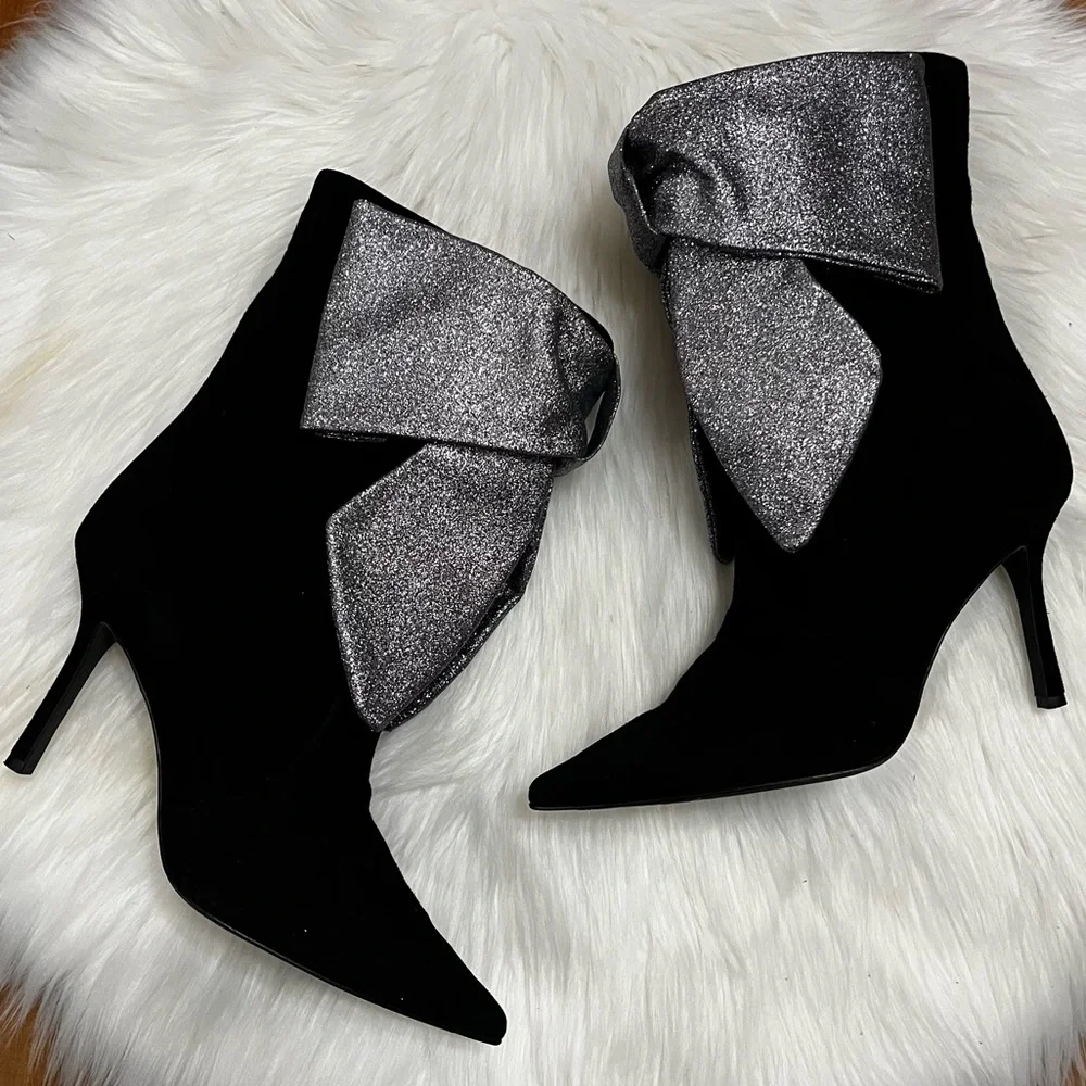 $890 | Domenico Vacca Black Suede Stiletto Glitter Bow Heel Boots sz. 10